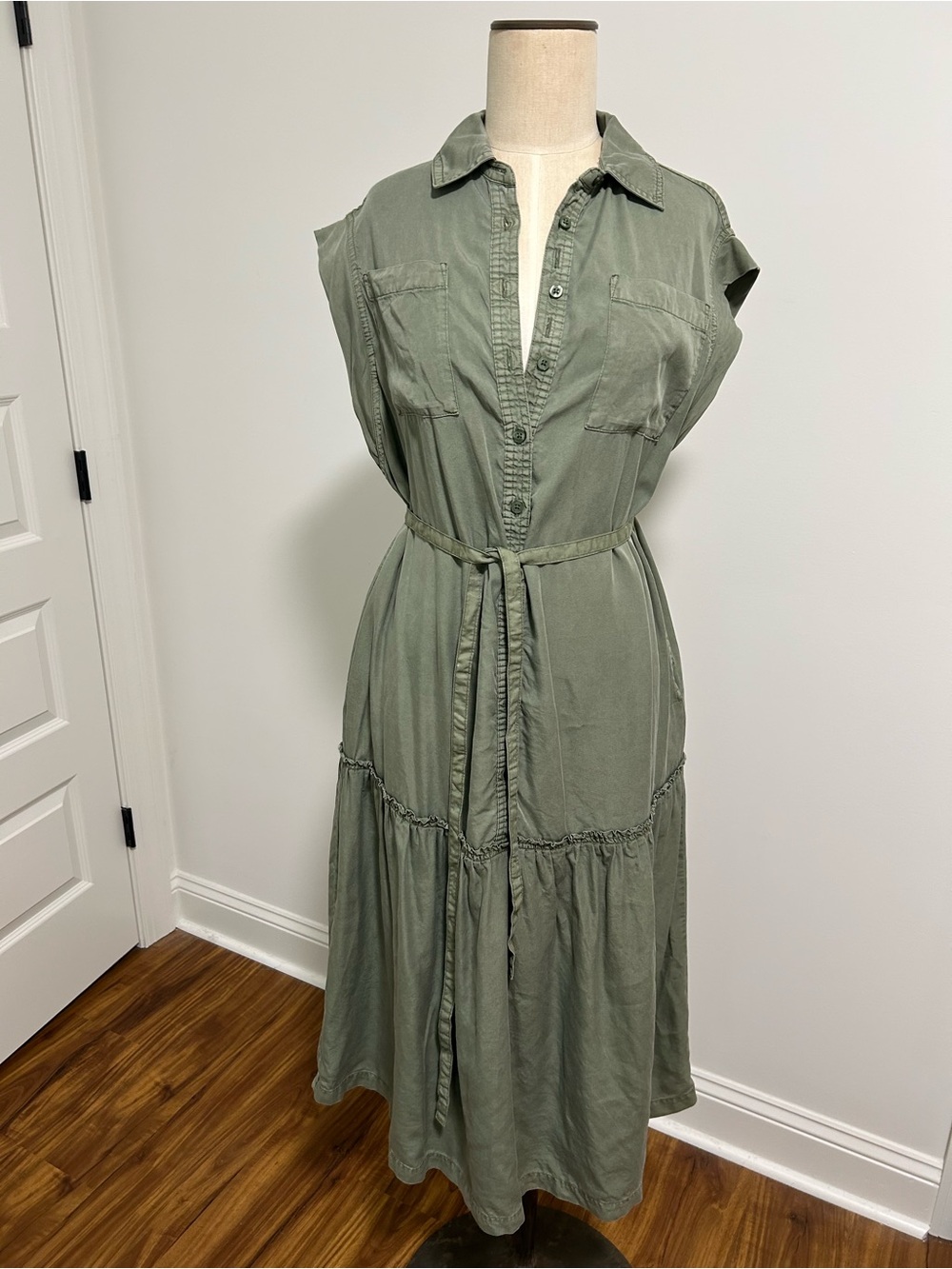 Olive Green Tiered Shirt Maternity Dress